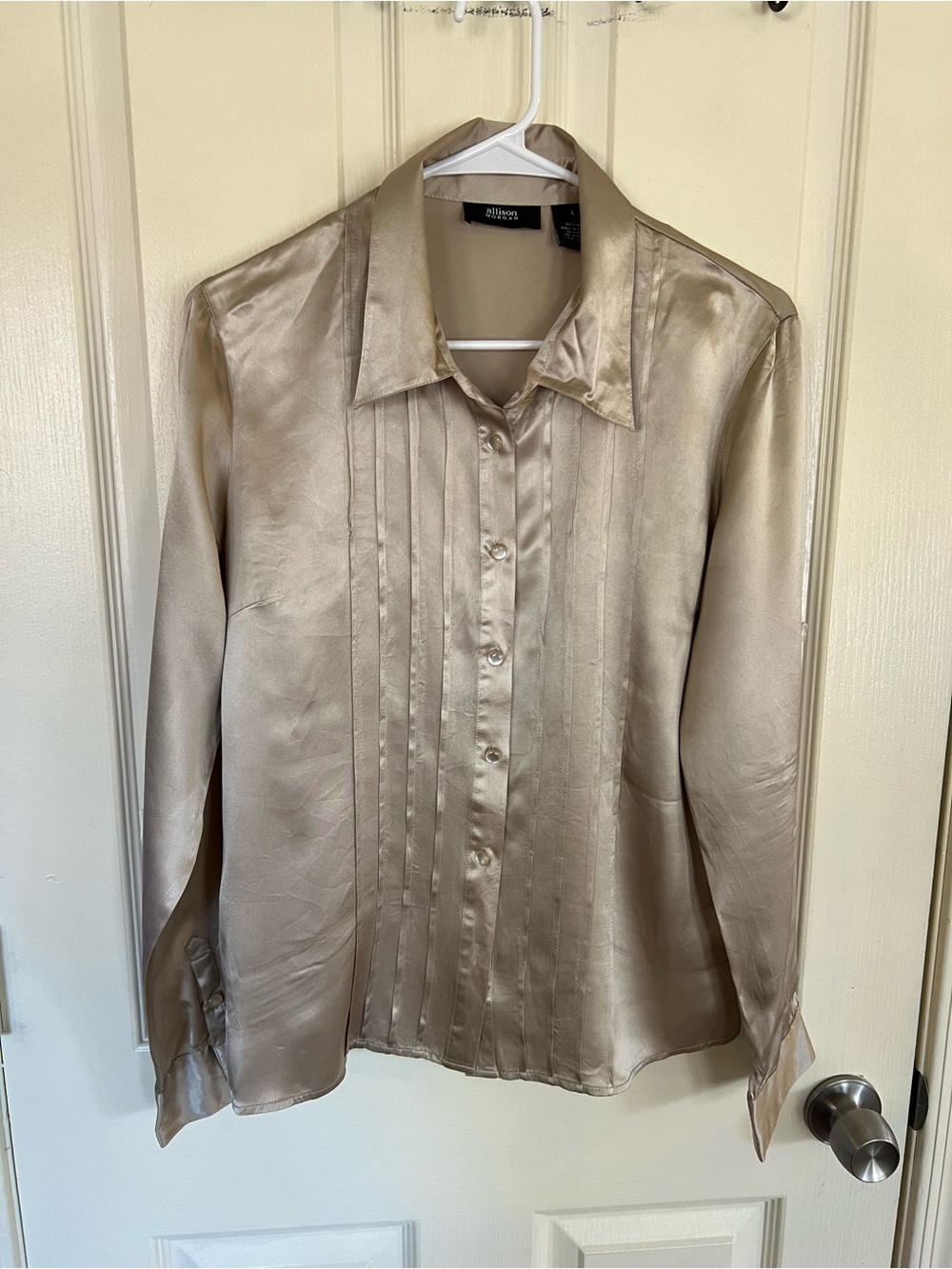 Allison Morgan Silk Satin Button Up Shirt Taupe Champagne Pintuck Blouse Large